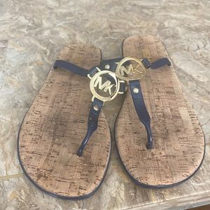 Size 10 Michael Kors Black Jelly Gold Charm Cork Bottom Thong Flip Flop Sandals